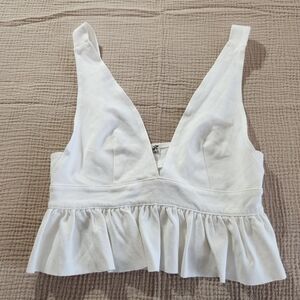 Intimately Free People White Crop Top  Deep V Textured Ruffle Hem Size Small